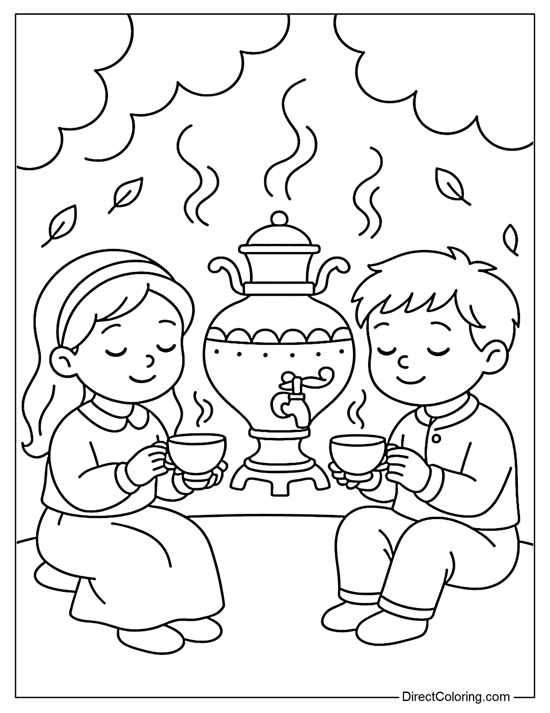 Coloring page of two children sitting next to a samovar, holding small cups of tea.